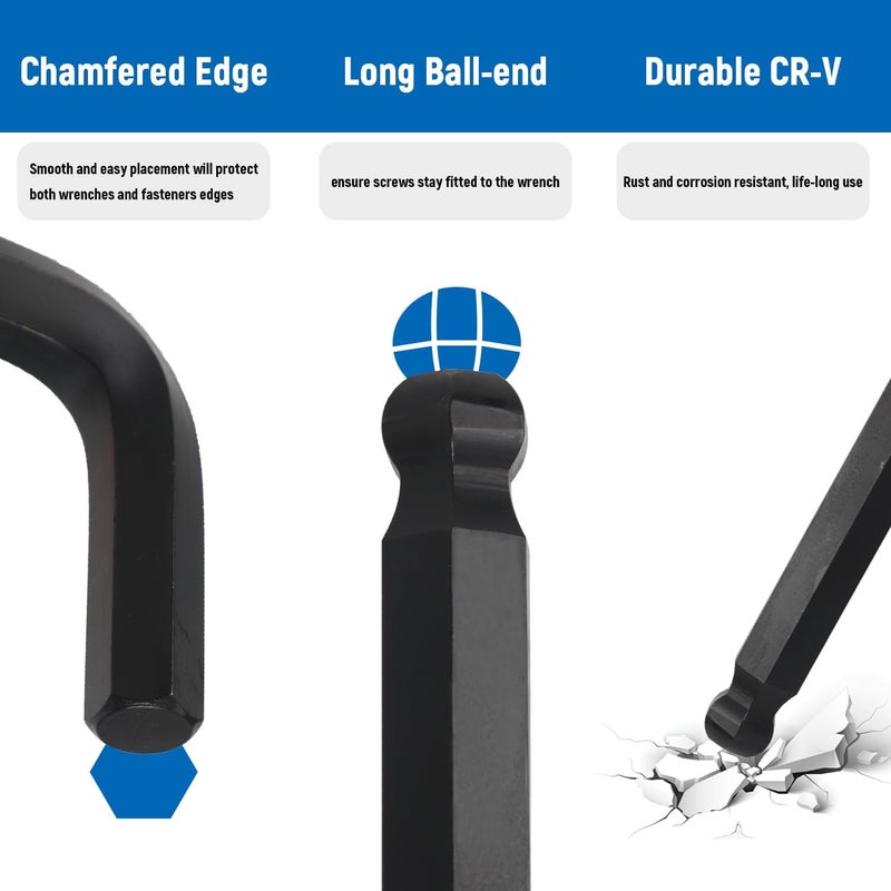 DISEN Jumbo Hex Key Allen Wrench Set CR-V 13-Piece Metric 2-19mm Long Ball End Big Durable Automotive Mechanic Furniture Professional Grade Tools for Man - Image 4